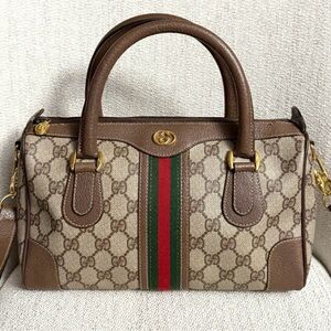 Authentic Vintage Gucci Boston Satchel Bag in Brown and Beige